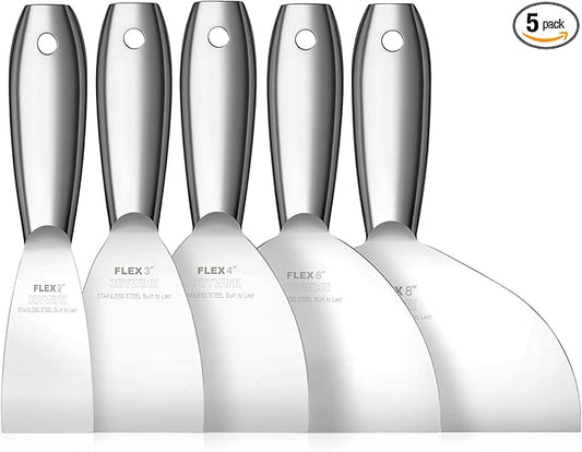 Putty Knife Set, 5Pcs 2",3",4",6",8" One Piece Putty Knives for Spackling, Drywall, Paint, and Wallpaper Removal, Premium Polished All-Metal Stainless Steel Putty Knife for Smooth Finish