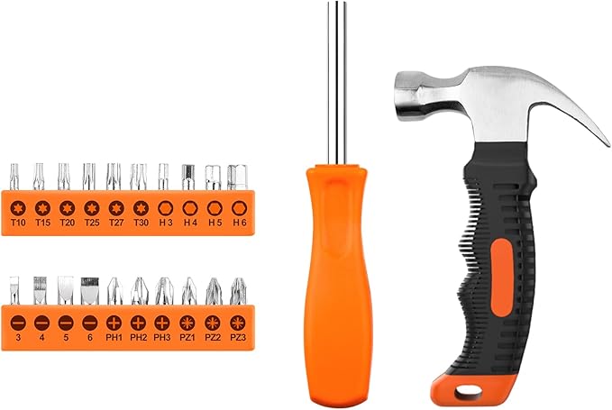 22 Piece Claw Hammer, Small Hammer, Screwdriver Set, Tools Set, Tool Kit with Anti-Slip Handle for Women DIY Craft Industry, Indoor Outdoor Using, Orange