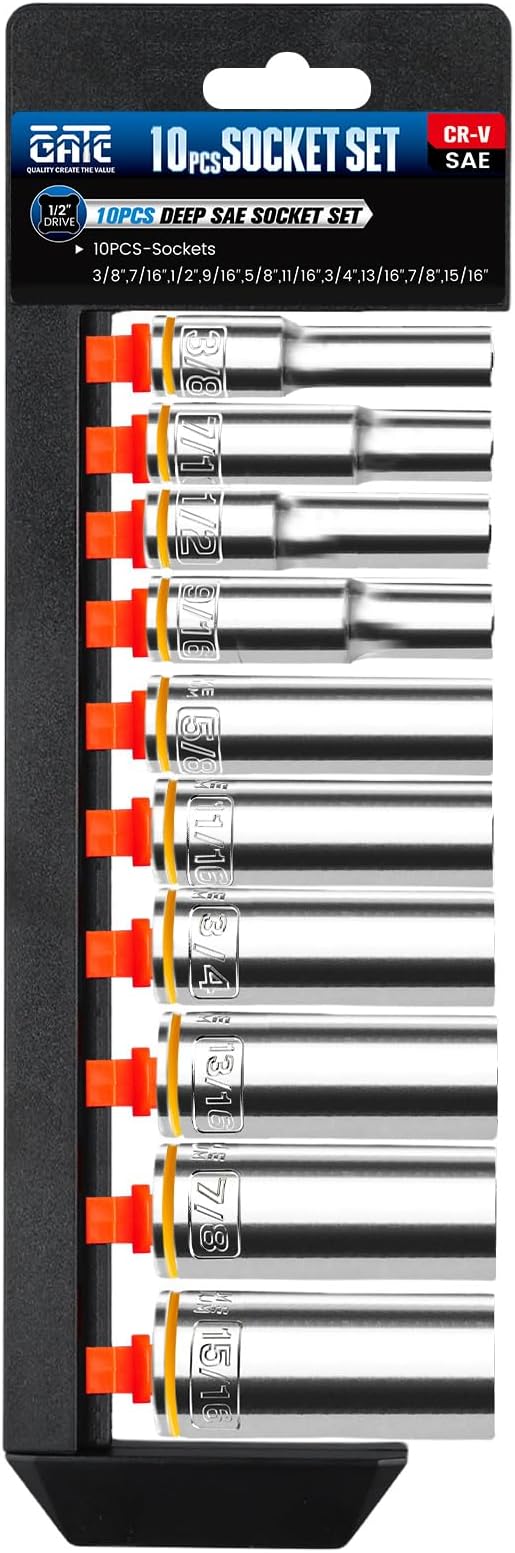 10PCS 1/2??Drive Deep Socket Set, SAE (3/8"-15/16"), 6-Point, Cr-V Steel, Chrome Plated Socket With Hanging Bracket, Cover Most Commonly Sizes