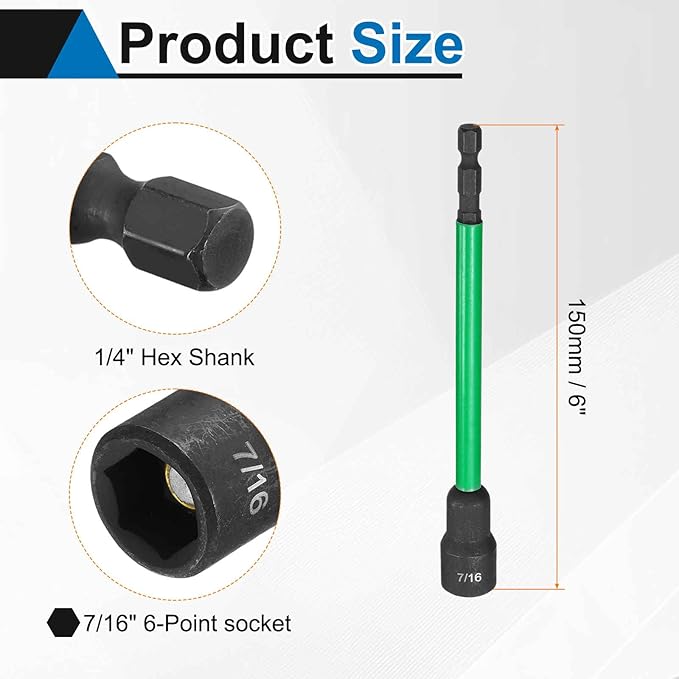 HARFINGTON 2pcs Nut Driver Drill Bit 7/16 Inch SAE Socket 1/4" Hex Shank 6" (150mm) Extra Long Magnetic 6-Point Sockets Quick Change CR-V Steel Bolt Setters for Power Drill Drivers