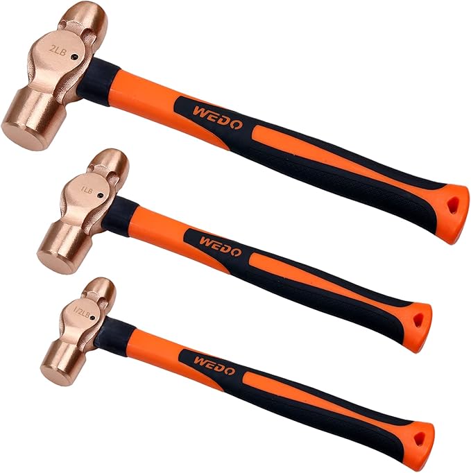 WEDO 3PCS Copper Ball Peen Hammer Set, 8 oz + 16 oz + 32 oz(1/2lb+1LB+2lb),Ball Pein Hammer with Fiberglass Handle, Die-Forged, Corrosion Resistant, DIN Standard