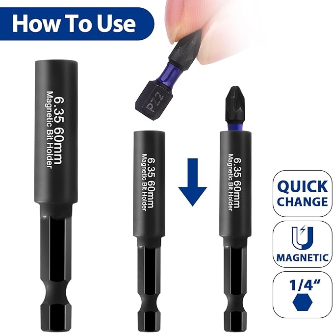 HPHOPE Pozidriv Bit Set, 6Pcs PZ2 Bits with 60mm Magnetic Bit Holder, Precision Screwdriver Bit Set