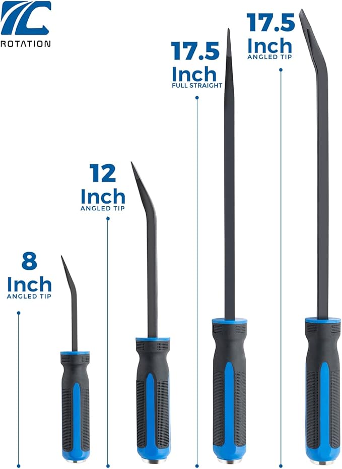 ROTATION 4-Piece Heavy Duty Pry Bar Set with Thicker Hammer Strike Cap and Angled Tip ??Ideal for Automotive Repair, Demolition, Nail Pulling