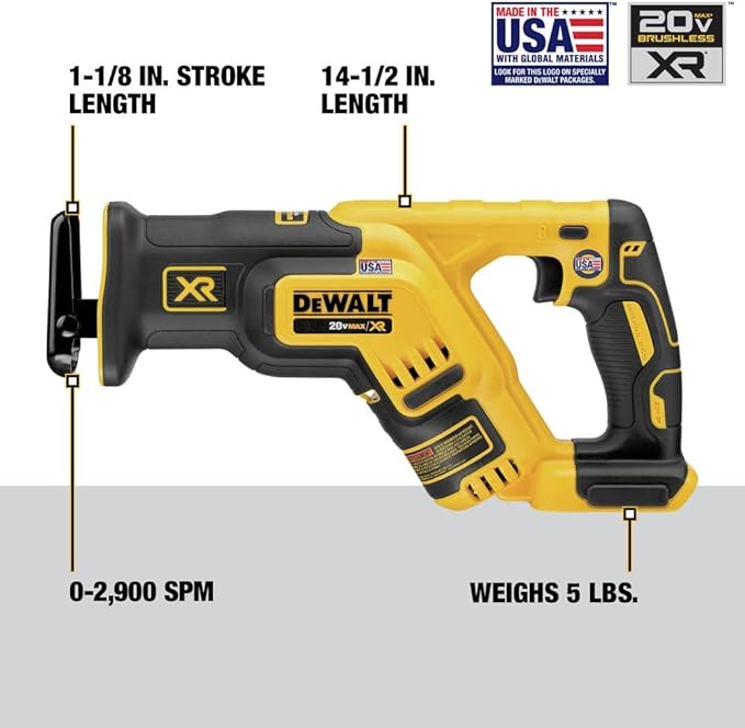 DEWALT 20V MAX XR Reciprocating Saw Cordless, Brushless, Compact,Variable Speed, Pivoting Head, LED Light, Tool Only (DCS367B)