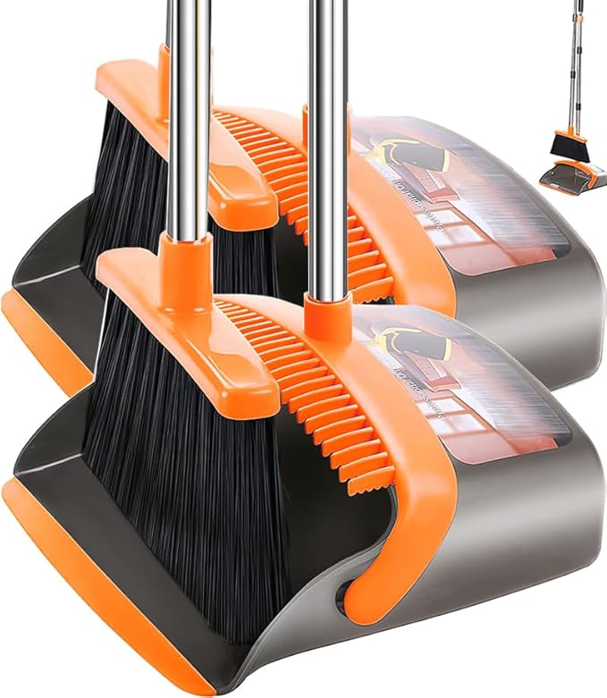 2-Pack is More economical竊똗pgraded Upright Broom and Dustpan Combo with 52" Long Handle, Dustpan Teeth with self-Cleaning Function, Indoor and Outdoor Sweeping, Perfect for Home Office.