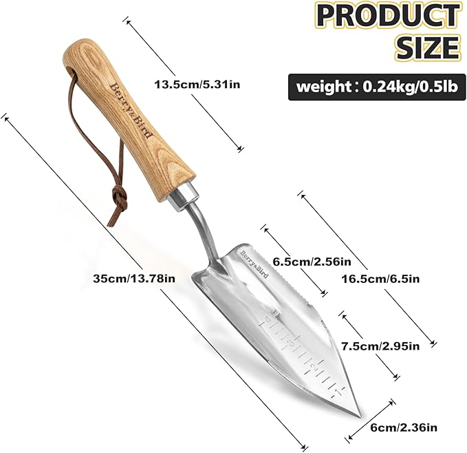 Berry&Bird Potting Trowel, Stainless Steel Serrated Hand Shovel, Wood Handle Garden Trowel Tool with Measuring Scale for Effortless Digging,Roots竊똏lanting, Cutting and Transplanting