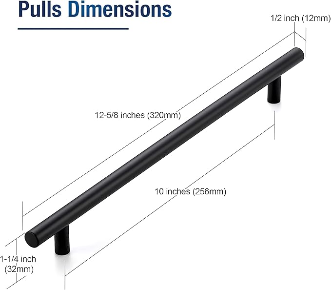JOY DECOR 20 Pack 12-1/2 Inch Cabinet Pulls Kitchen Cabinet Handles with 10 Inch Hole Center Matte Black Cabinet Hardware Stainless Steel Kitchen Drawer Pulls for Cabinets Cupboard, 256mm Hole Centers