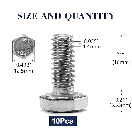 5/16-18 x 5/8" Hex Head Screw Bolt, 10Pcs 18-8 (304) Stainless Steel, Fully Threaded, Plain Finish, by SG TZH