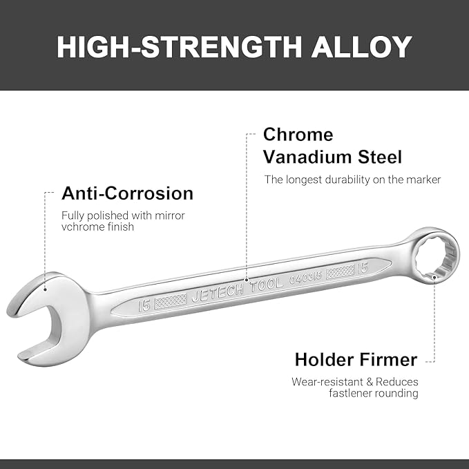 Jetech 15mm Combination Wrench - Industrial Grade Spanners with 12-Point Design, 15-Degree Offset, Made with Durable Chrome Vanadium