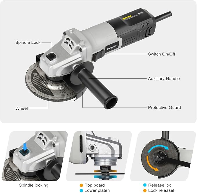 Corded Angle Grinder Grey, 4.0-Amp 4-1/2 Inch 12000RPM with Grinding and Cutting Wheels, Flap Disc and Auxiliary Handle for Cutting, Grinding, Polishing and Rust Removal
