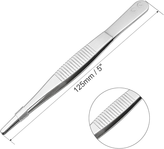 uxcell 2 Pcs Stainless Steel Straight Blunt Tweezers Serrated Tip, 5 Inch