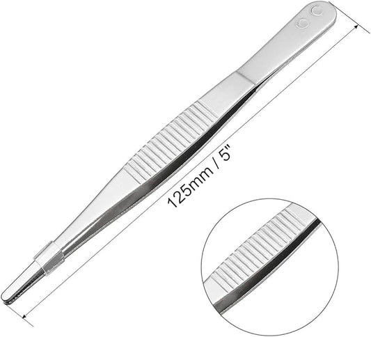 uxcell 2 Pcs Stainless Steel Straight Blunt Tweezers Serrated Tip, 5 Inch