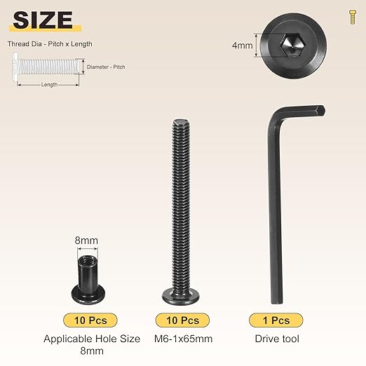 METALLIXITY Furniture Crib Screws Replacement Set with Wrench(M6-1x65mm) 20Pcs, Galvanization Connector Bolts M6 Screw Barrel Nuts Binding Screws, for Chair Cabinet Bed, Black