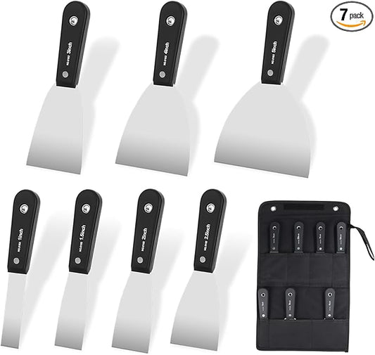 weiwei 7 PCS Metal Putty Knife Set Multi-sized Spackle Knife with Storage Bag Rustproof Putty Scraper Knives Drywall Tools for Wall Repair Wall Paint Spreading Drywall Spackle and Mud for Craftsman