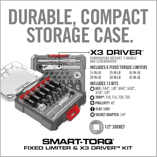 Real Avid Smart-Torq Fixed Limiter & X3 Driver Kit ??Torque Screwdriver & Ratcheting Driver Tool Set with 6 Fixed Torque Limiters, 12 Bits, 1/2" Socket with 1/4" Adapter & Storage Case for Maintenance