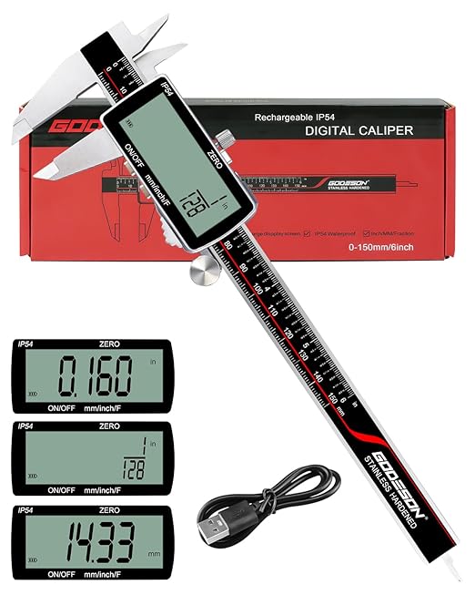 GODESON Digital Caliper, Rechargeable Digital Micrometer-IP54 Waterproof, Stainless Steel & Large LCD Screen Caliper Measuring Tool-Inch/Metric/Fraction,6" Calipers-Auto Off for Pros & DIYers
