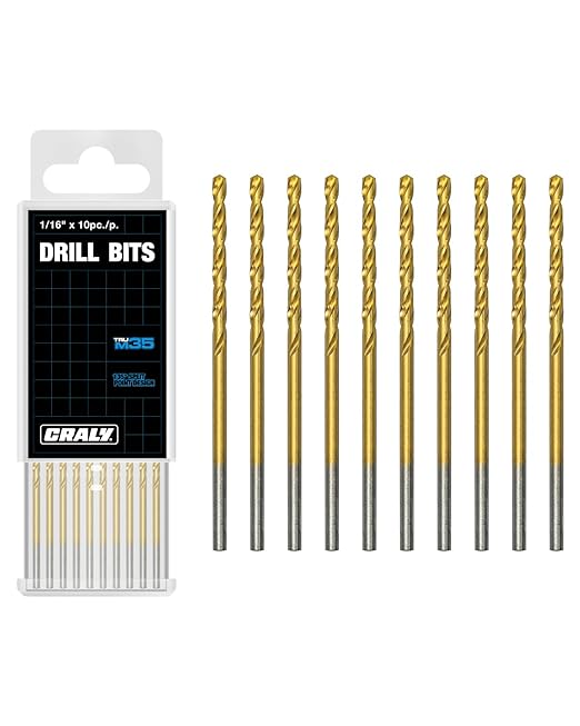 CRALY 1/16 Inch 10-Pc Cobalt Drill Bit Pack, M35 HSS Titanium Coated Jobber Length Twist Drill Bits, 135 Degree Split Point, for Hard Metal, Stainless Steel, Cast Iron, Plastic