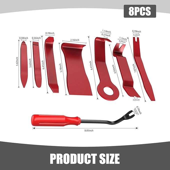 8 PCS Car Trim Removal Tool Kit, Panel Fastener Clips Removal Tool, Vehicle Plastic Upholstery Crowbar for Removing Car Audio, Dashboard, Window Trim Fastener (Red)