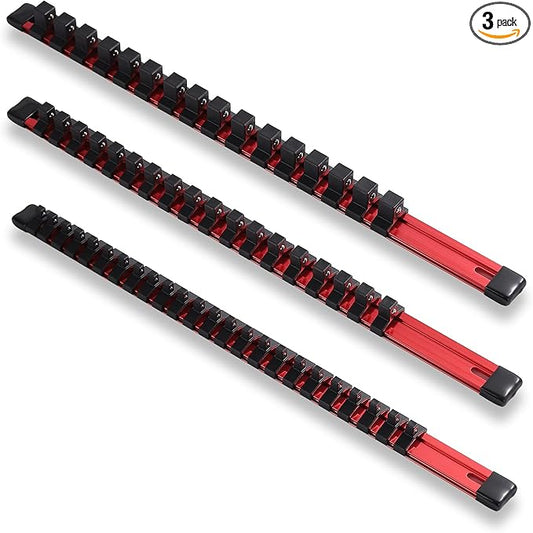 ALOANES 3-Piece Aluminum Alloy Socket Organizer, Heavy Duty Socket Racks, Socket Holder Kit for Toolbox Drawer Fit 1/2, 3/8, 1/4-Inch Socket Holder x 58 Clips (Red)