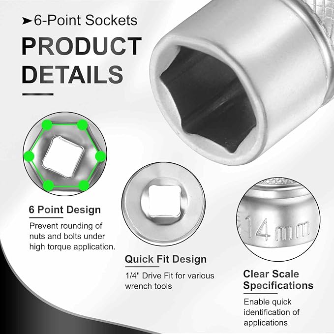 HARFINGTON 6 Points Deep Socket 1/4" Drive 14mm Deep Metric CR-V Steel Polished Nickel Plating Flip Sleeve 25mm / 1" Extra Long Socket Tool for Home Auto Nuts Bolts Repair