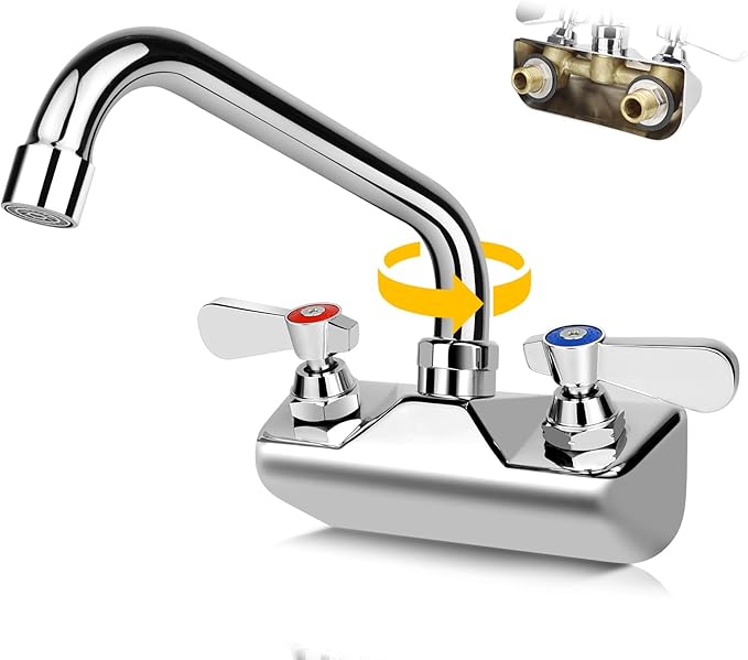 Leak-Free Commercial Sink Faucet 8" Swivel Spout, Wall Mount Kitchen Hand Sink Faucet with 4 Inch Center, 1/2" NPT Male Inlet, Brass Constructed & Chrome Polished, Dual Lever Handles