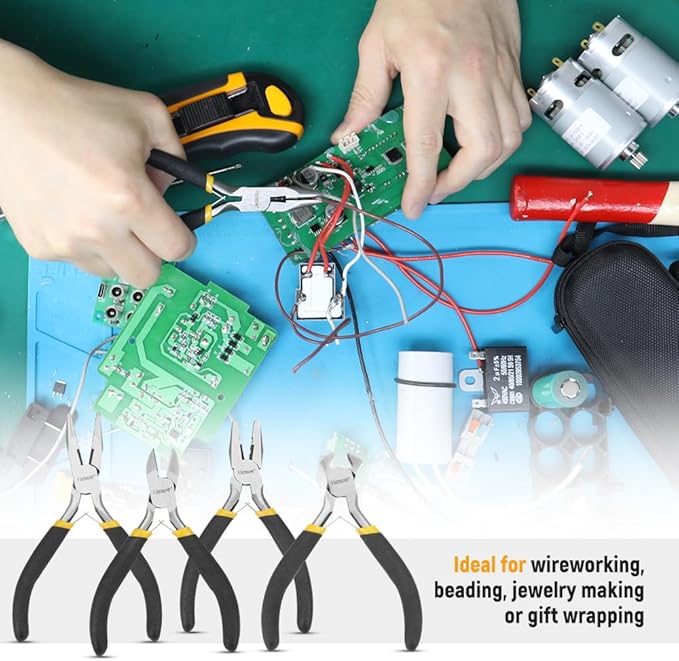 HOTECHE 4.5-Inch 4PCS Mini Pliers Set - Professional Cr-V Steel Precision Tools with Non-Slip Grips - Includes Combination, Long Nose, Diagonal & End Cutting Pliers for Electronics, Jewelry & Crafts