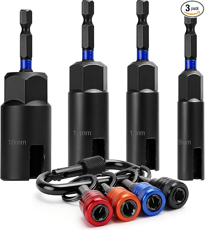 SUNJOYCO 9 PCS Wing Nut Driver Bit Set, CR-V Steel Power Wingnut Socket Bits with Bit Holder Keychain, 1/4 In Hex Shank Nut Driver for Wingnut, Eye Bolt, Screw Hook, Wire Twisting, 9mm 12mm 15mm 18mm