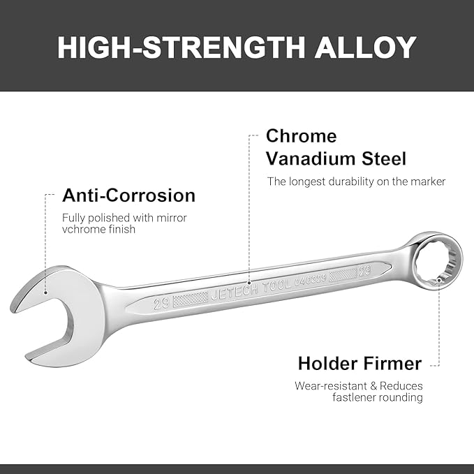 Jetech 29mm Combination Wrench - Industrial Grade Spanners with 12-Point Design, 15-Degree Offset, Made with Durable Chrome Vanadium