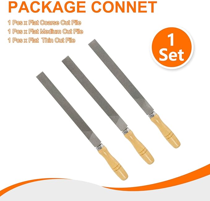HARFINGTON 3pcs Flat Cut File 10" Double Cut Teeth High Carbon Steel Hand Rasp File with Wood Handle for Metal Wood Deburring Removing