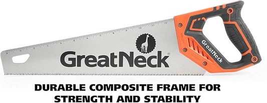 15 Inch Handsaw, Aggressive Tooth Hand Saw for Wood Cutting, Alloy Steel 9 TPI Blade, Anti-Slip Composite Handle, Ruler on Blade for Accurate Cuts, GreatNeck 74001 Hand Saw