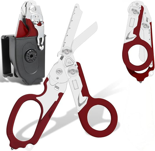 6-in-1 Heavy Duty Emergency/Trauma Shears, with Carbide Glass Breaker, Ring Cutter, Foldable, Stainless Steel Multi-Purpose Scissors for Hospital, Home, Camping, and Travel Rescue Tools (Red)