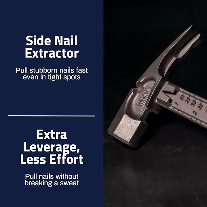 Boss Hammer 16 oz. Pro Plus Titanium Hammer - Ti64 Construction Grade, New Side Nail Extractor, 20% Thicker Handle, 1/4" Tether Hole, Milled Face - Made in the USA - BHPPS16TIM
