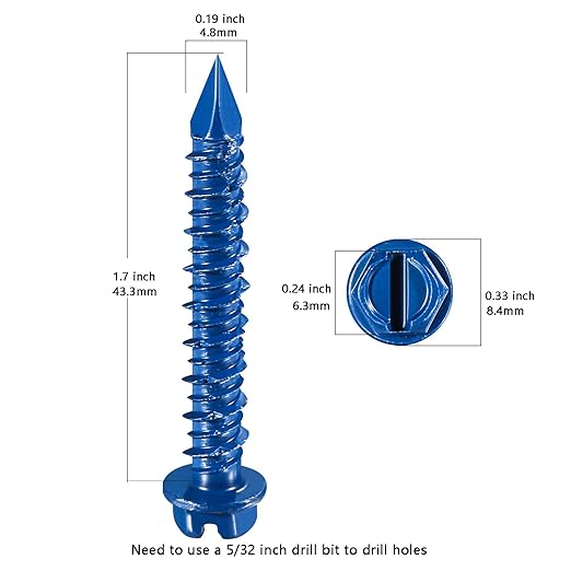 Wensilon(30 PCS) 3/16" * 1-3/4" Slotted Hex Concrete Screws Anchor Blue Hexagon Head for Anchoring to Masonry, Block or Brick Stucco
