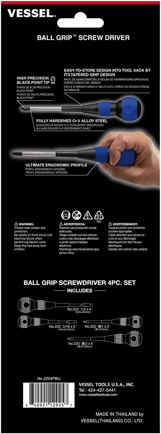VESSEL BALL GRIP Screwdriver 4PC. Set, Red/Blue, 2204PBU
