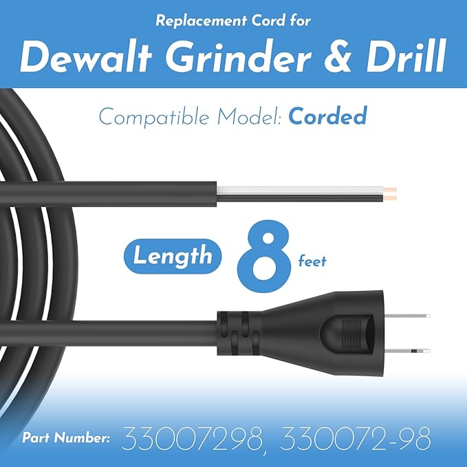 ANTOBLE 33007298 18 Gauge 2 Wire Power Cord Replacement Cord for DEWALT DW100 DW101 DW102 DW103 DW130 DW236 DW400 DW505 (8 ft)