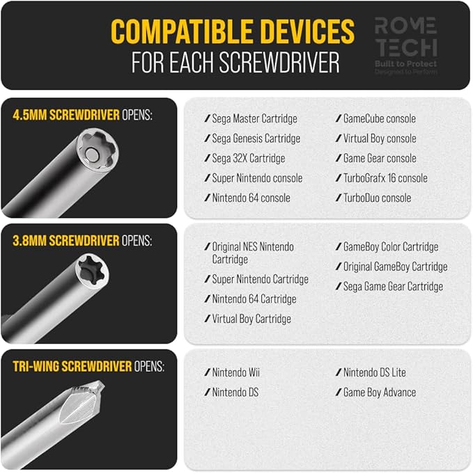 Rome Tech Gamebit Screwdriver Set for GameCube, Gameboy, SNES, NES, N64, Sega Game Cartridge, Tri Wing Screw Driver & 3.8mm 4.5mm - Screwdriver Bit Set Console Repair Tool