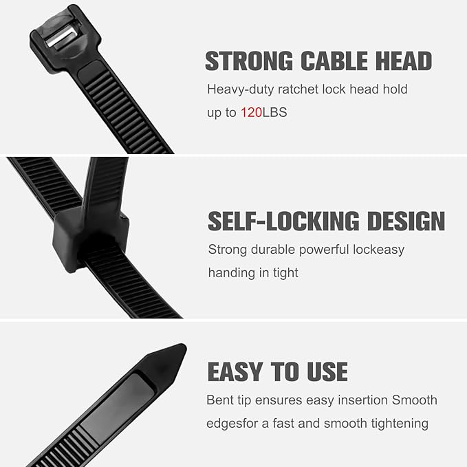 Zip Ties 12 inch 竊똇eavy Duty Cable Ties with 120 Pounds Tensile Strength竊똁lack Zip Ties竊?00 Pack, Wire Ties for Indoor and Outdoor Use.