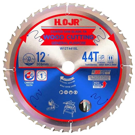 Circular Saw Blade Woodworking TA Series, 12" 44-Tooth Arbor 1", General Purpose Wood Cutting,Special Anti-Thermal Adhesion Coating on Cutting Head -TA,High Finish, Long Life,12" 44T TA