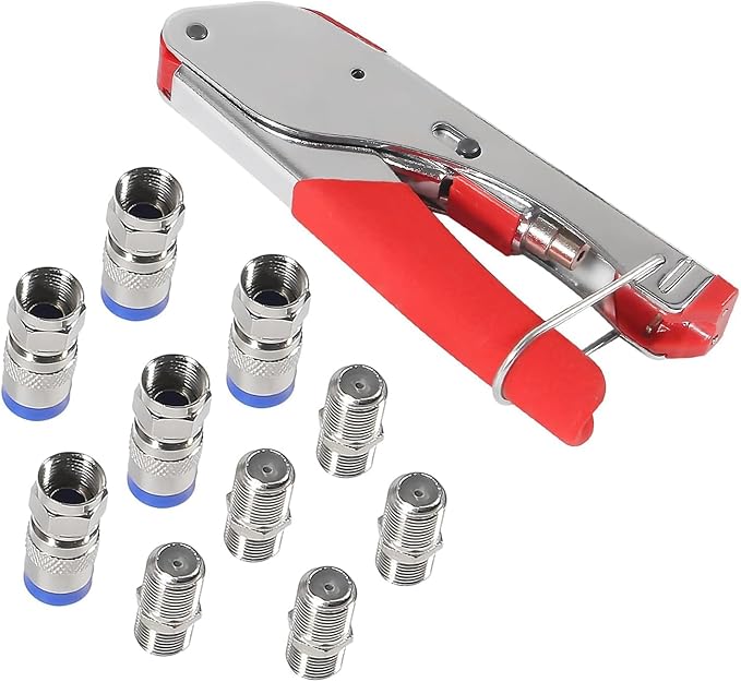Coax Cable Crimper Tool Kit Coaxial Compression Tool Adjustable Coaxial Cable Stripper Cutter with 5PCS RG6 F Type Connector Coaxial Compression Fitting + 5PCS Coaxial Cable Extension Adapter