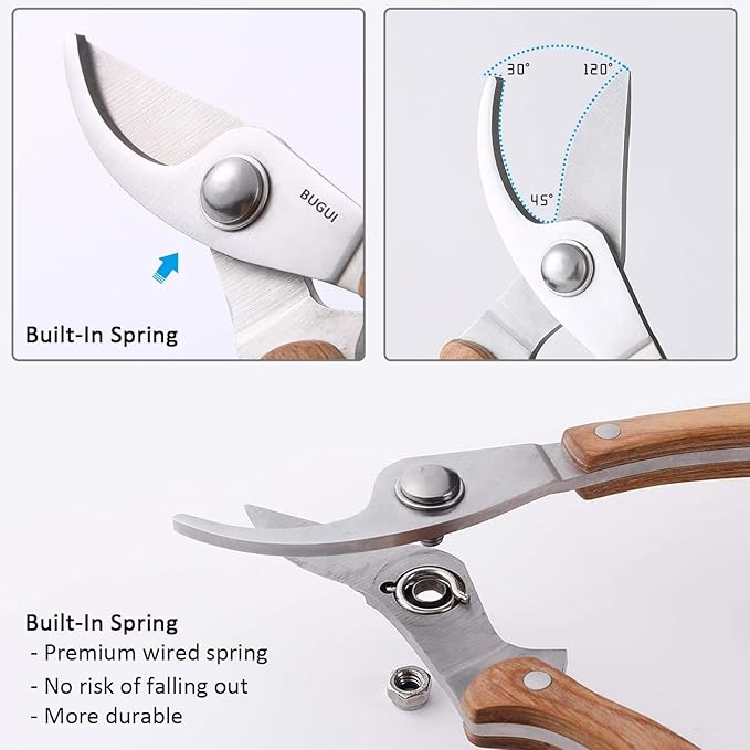 BUGUI 8??Wood Handle Garden Scissors, Set of 2, Includes Bypass Pruning Shears and Long Straight Tip Clippers, Premium Gardening Tools with Precision-Ground SK-5 Steel Blade