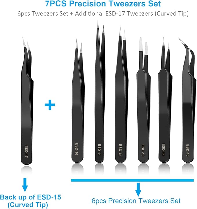 YHYZ 7pcs Precision Tweezers Set, Premium Anti-Static Stainless Steel ESD Tweezers Set Kit for Electronics, Sodlering，Jewelry, Craft, Laboratory Work, DIY(7PCS, Version)