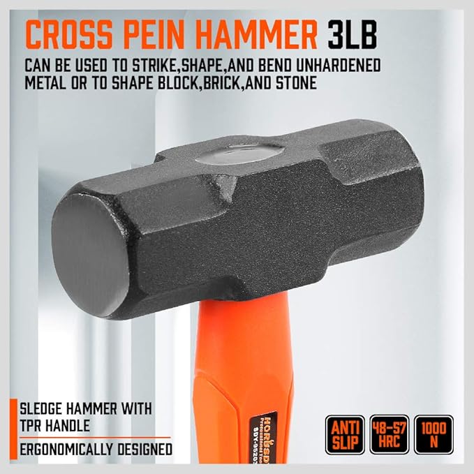 HORUSDY 5-Piece Hammer Set, 16oz and 32oz Ball Pein Hammers, 32oz Rubber Mallet, 3lb Sledge, 3lb Cross Peen Hammer