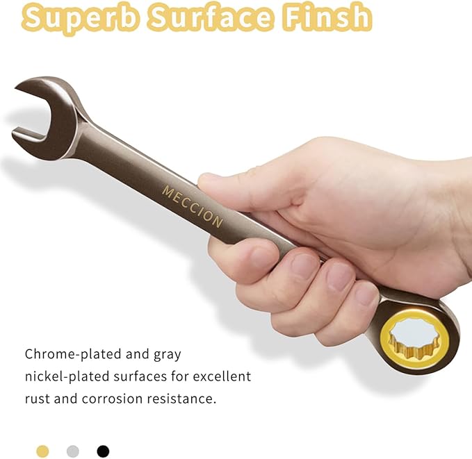 Meccion Combination Wrench 15mm Metric Open End Ratcheting Wrench - Industrial Grade Gear Spanner with Grey Nickle Plated