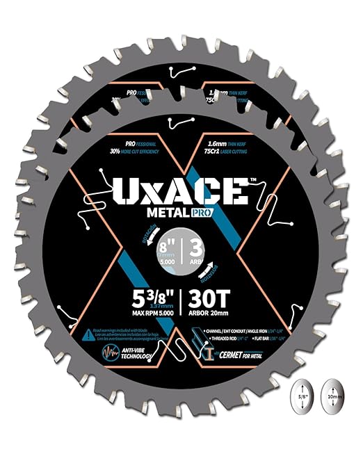 5-3/8-Inch 30-Tooth Circular Saw Blade, 20 mm Arbor, Ferrous Metal, Steel Cutting Blade, Carbide Tip, Thin Kerf, for Channel, EMT Conduit, Angle Iron, Threaded Rod, Flat Bar, 2 Pack