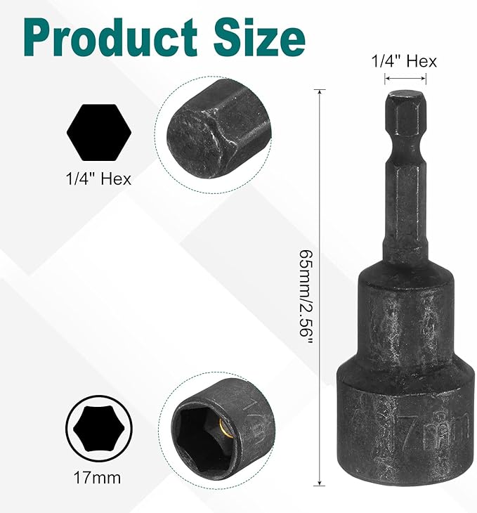 uxcell 2Pcs 1/4" Hex Shank 17mm Magnetic Hex Socket 65mm Length, CR-V Steel Quick-Release Power Nut Driver Set with Socket Wrench Screw for Impact Drill Black