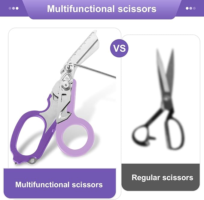 Multi Tool 6 in 1 Emergency Response EMT Shears With Holster竊똕tainless Steel Foldable Trauma Shears with Strap Cutter and Glass Breaker, Outdoor Camping Tools (Purple)