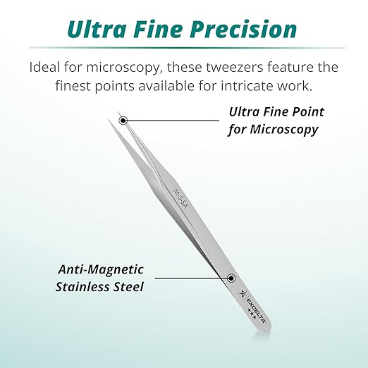 Excelta Ultra Fine Point Tweezers, Mini Straight Tapered for Microscopy, 3.13" Anti-Magnetic Stainless Steel, Professional