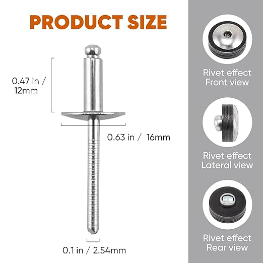 100pcs All Stainless Steel Large Flange Blind Rivets, 3/16 * 1/2" Open End Stainless Steel Pop Rivet, 4.8 * 12