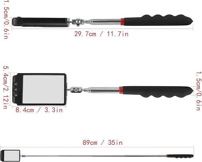 Telescopic inspection mirror with light large telescoping led 360 Inspection Rotating lamp automotive mechanic repair reversing on a stick extendable hand handle car extra held vehicle extended