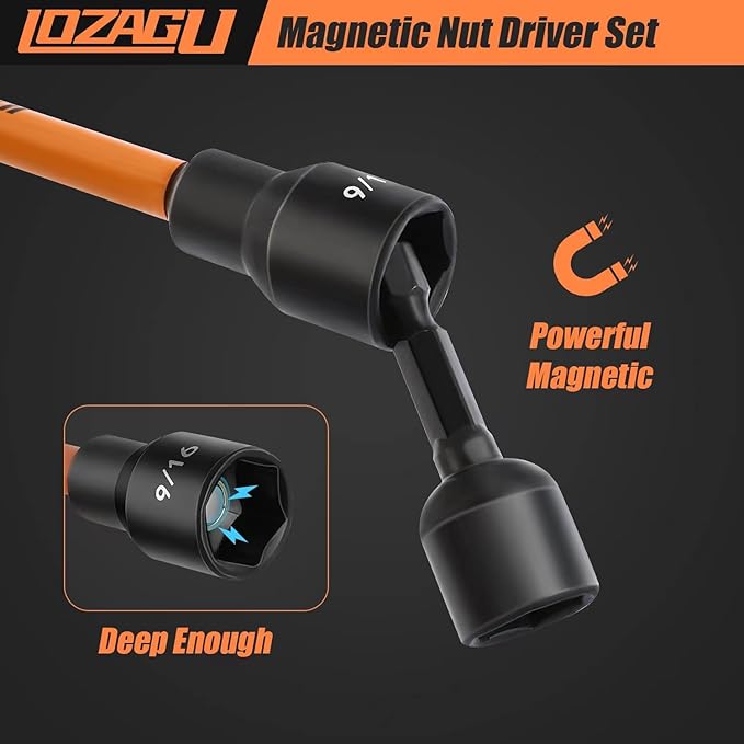 16Pcs Long Magnetic Nut Driver Set for Impact Drill | 6 Inch Long Nut Driver Set | SAE and Metric | 1/4 Inch Hex Shank | Cr-V Steel (16PCS Magnetic Nut Driver (Long))
